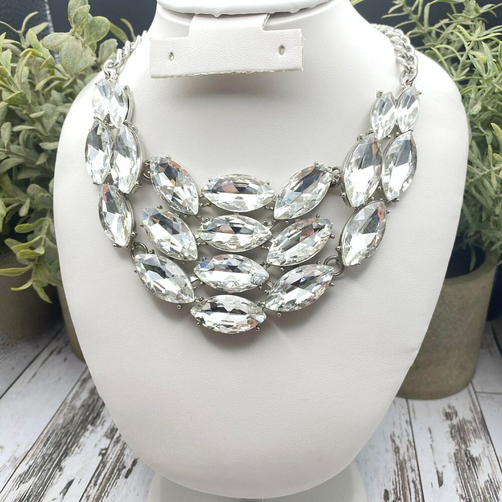 Natasha Crystal Bib Statement Necklace Silver Tone - Picture 4 of 7